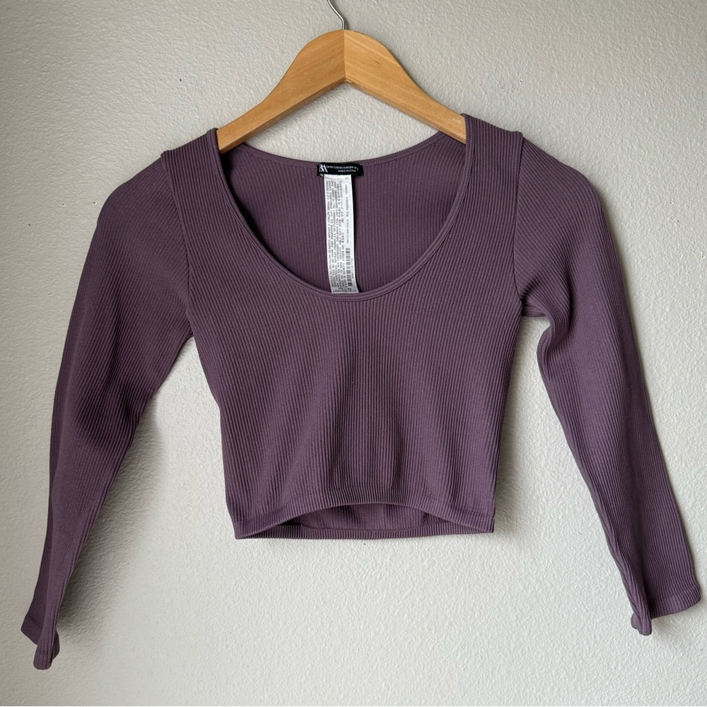 Zara Ribbed Long Sleeve Plum Crop Top Women’s Size XS-S Scoop Neck